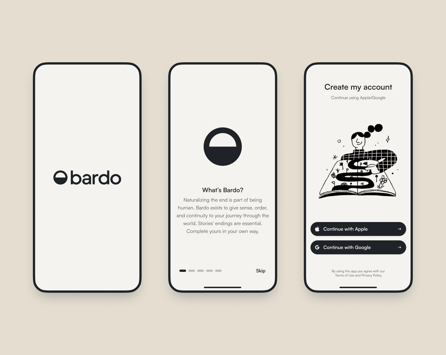 Bardo — onboarding: splash, propósito y alta