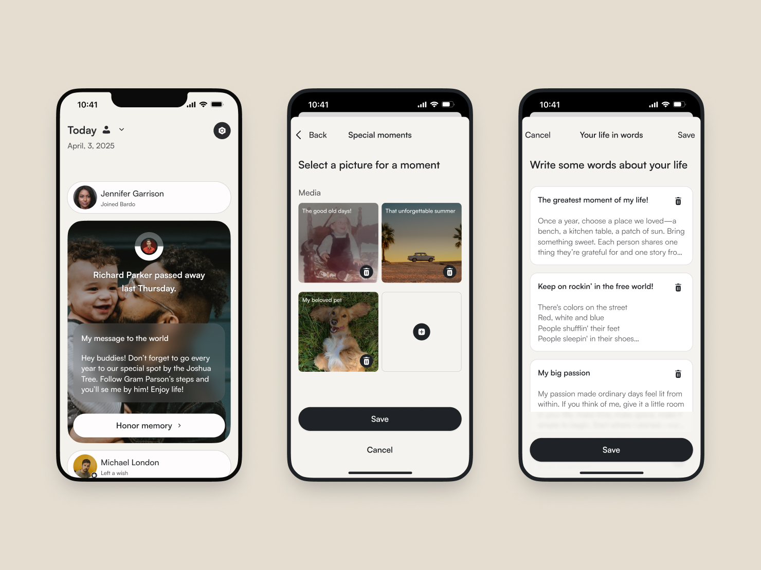 Bardo — feed, selección de recuerdos y editor de textos